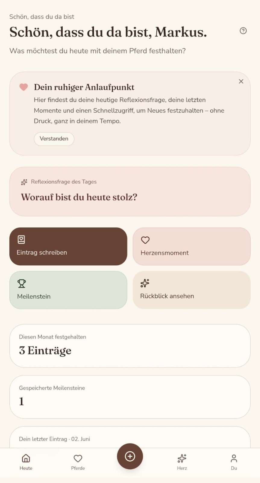 App-Screen mit der Begrüßung und den Aktionskarten im PferdeMoment Journal