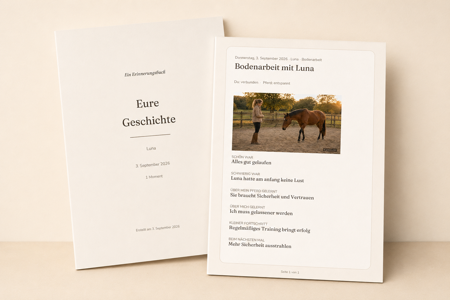 Beispiel eines persönlichen Erinnerungsbuchs aus dem PferdeMoment Journal mit Deckblatt, Pferdefoto und festgehaltenen Momenten