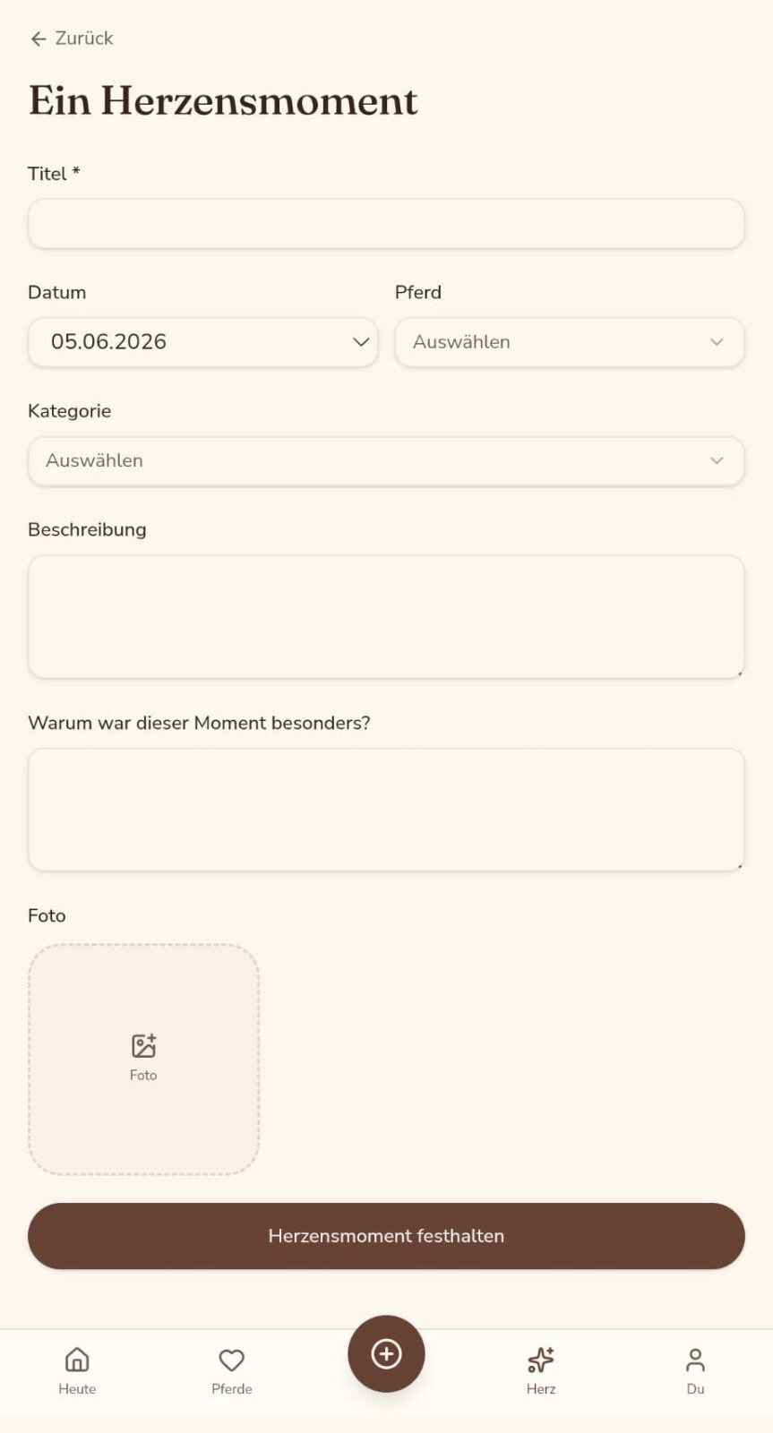App-Screen zum Festhalten eines besonderen Moments mit Foto und Gefühl